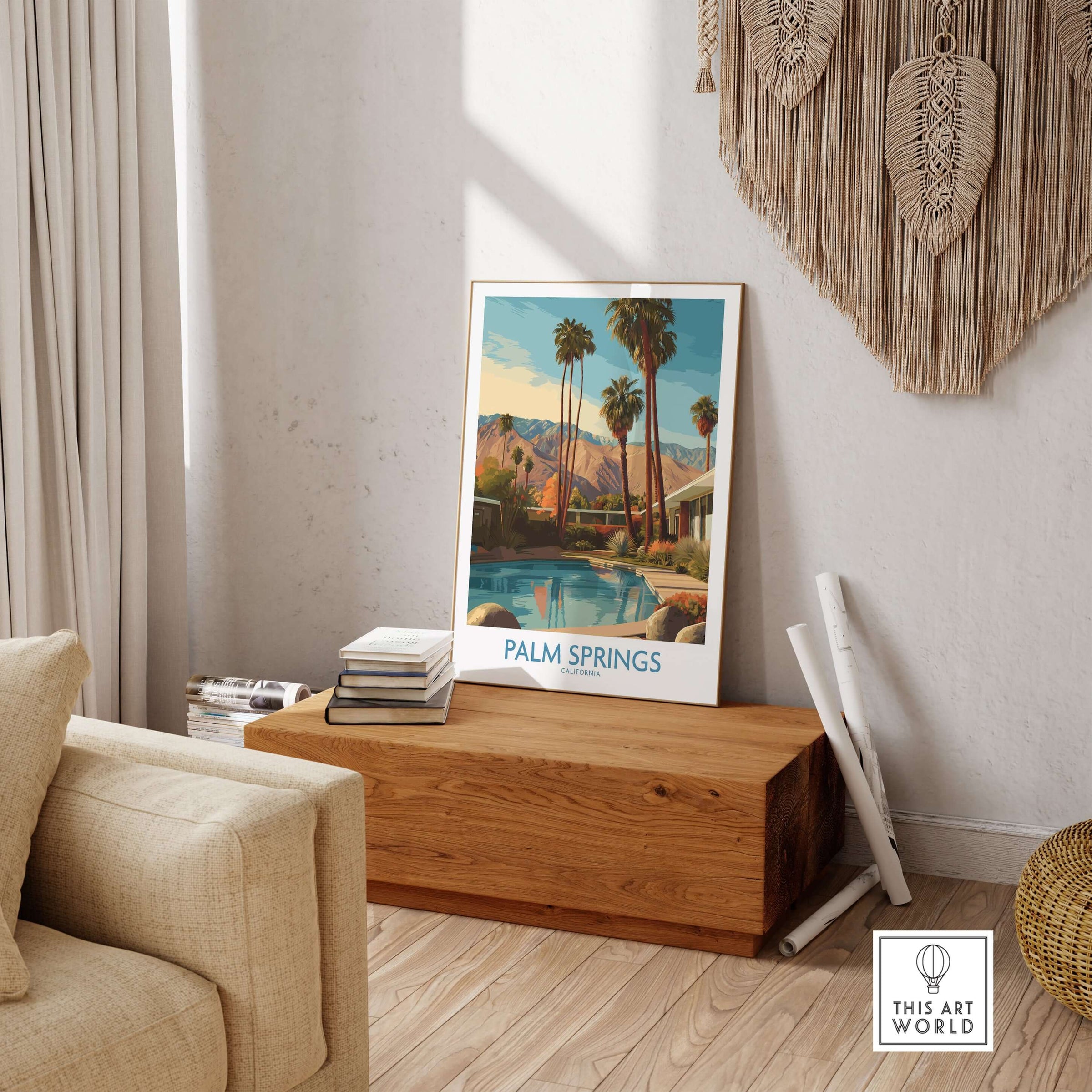 Palm Springs California Poolside Mountain View Print - California Travel Decor displayed in a stylish living room.