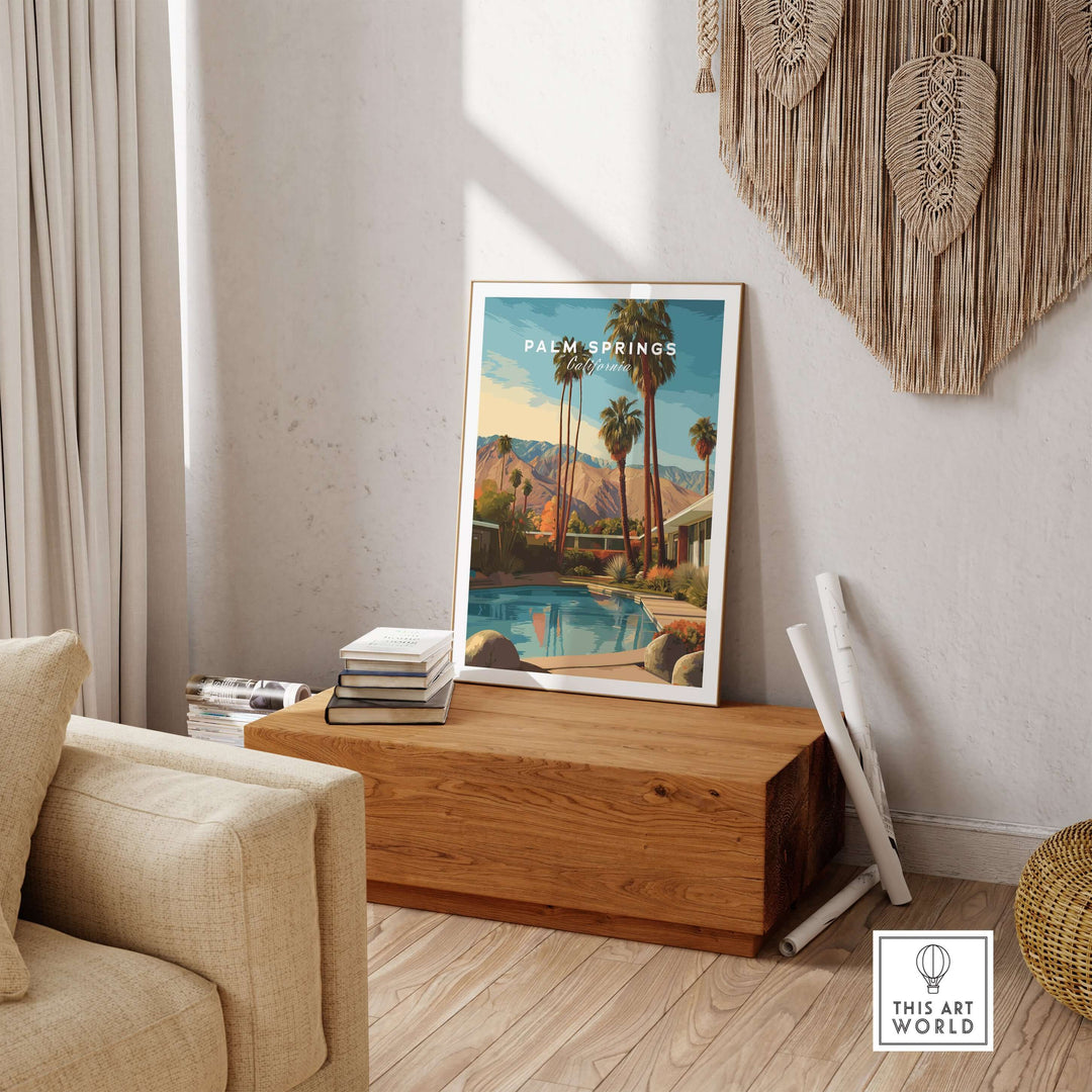 Palm Springs Mid-Century Modern Home poster in stylish living room, showcasing palm trees and a swimming pool.