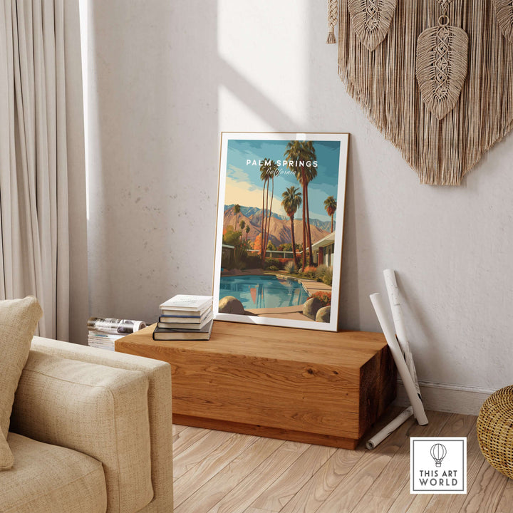 Palm Springs Mid-Century Modern Home poster in stylish living room, showcasing palm trees and a swimming pool.