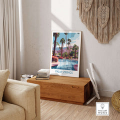 Palm Springs California Vibrant Garden Poster - California Resort Decor featuring a pool surrounded by palm trees and mountains.