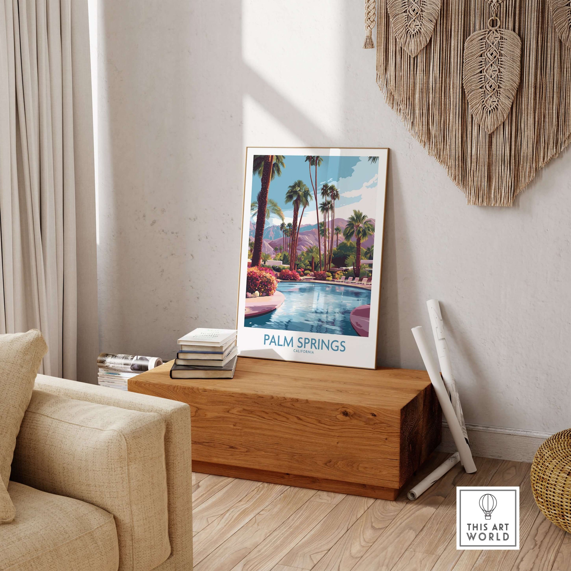 Palm Springs California Vibrant Garden Poster - California Resort Decor featuring a pool surrounded by palm trees and mountains.