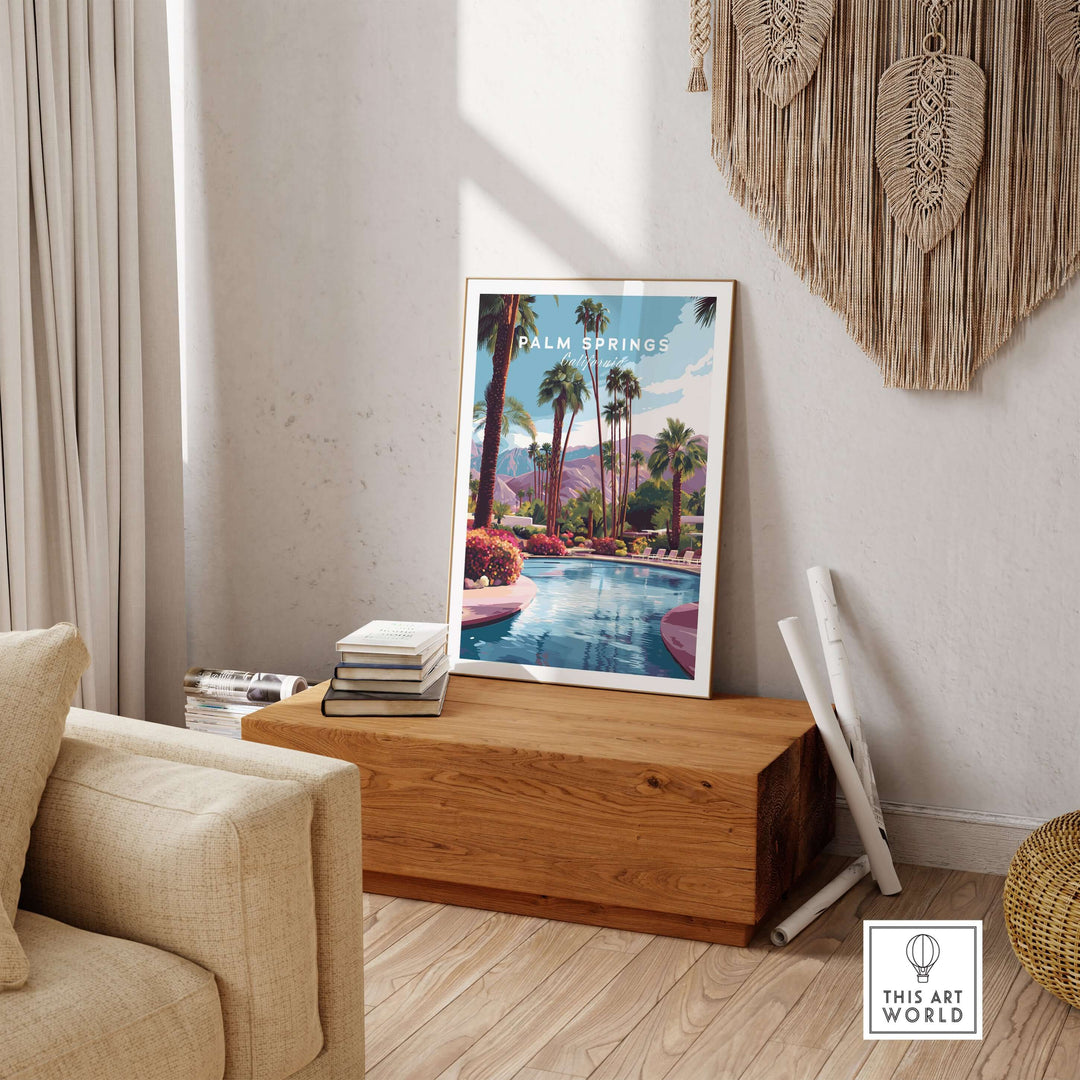 Palm Springs tropical poolside print featuring mountains and palm trees in a serene interior setting.