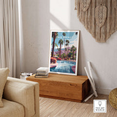 Palm Springs California Tropical Poolside Print - Mountain Landscape Wall Art displayed in a modern living space with a serene vibe.