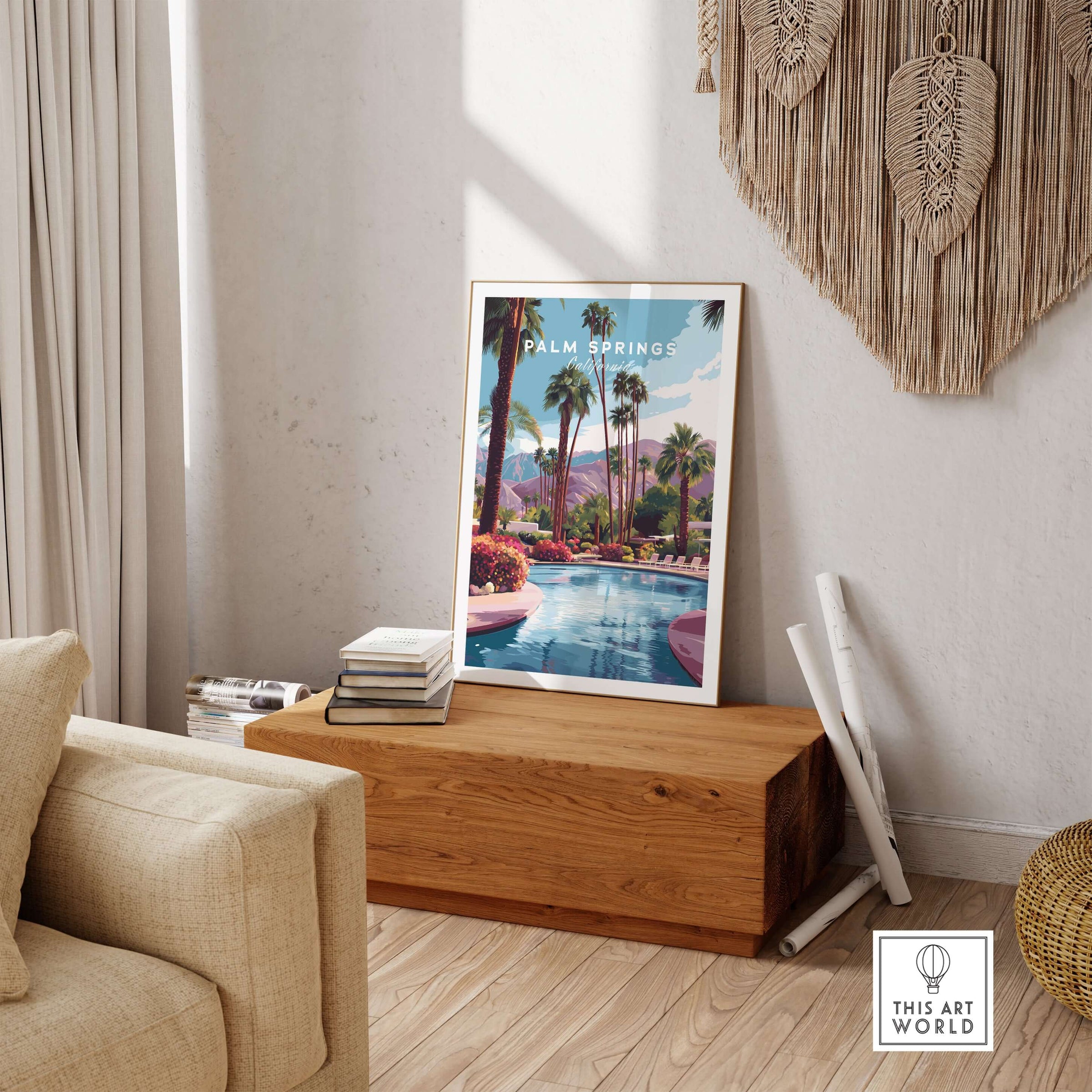 Palm Springs California Tropical Poolside Print - Mountain Landscape Wall Art displayed in a modern living space with a serene vibe.