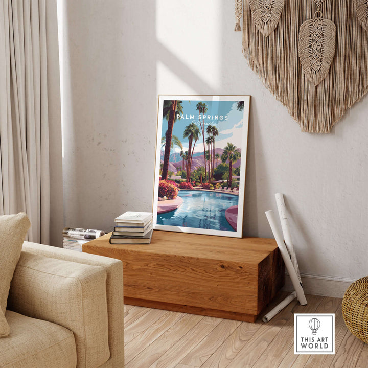 Palm Springs tropical poolside print featuring mountains and palm trees in a serene interior setting.
