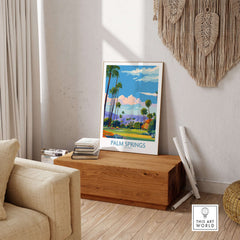 Palm Springs Palm Tree Oasis Wall Art - California Travel Poster displayed in a stylish interior setting.