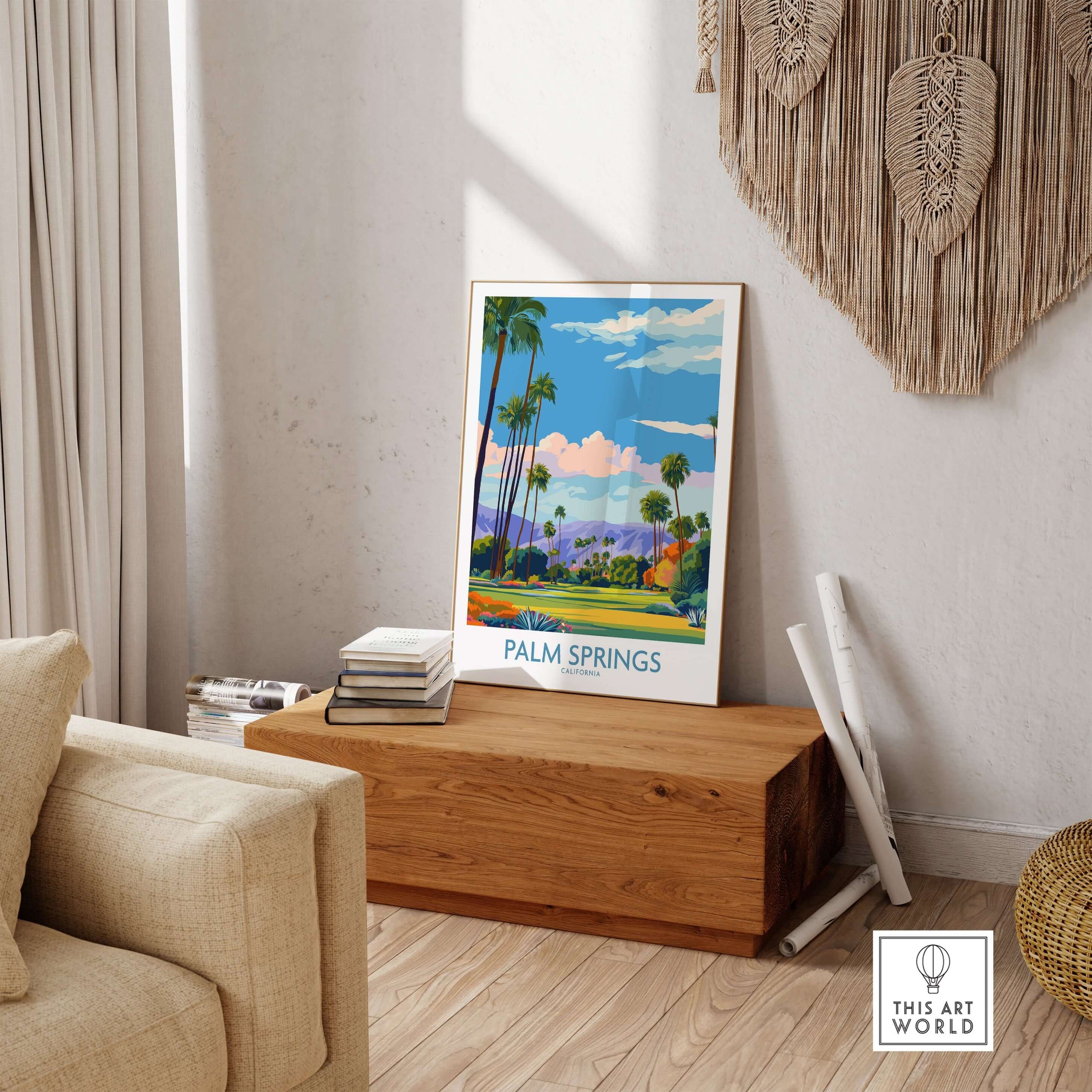 Palm Springs Palm Tree Oasis Wall Art - California Travel Poster displayed in a stylish interior setting.