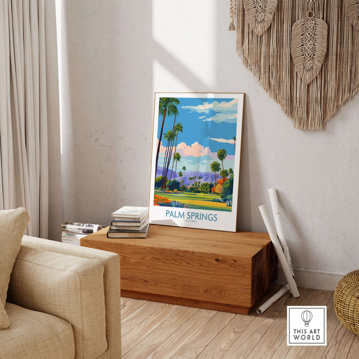 Palm Springs Palm Tree Oasis wall art in a modern living room, showcasing vibrant California landscape and iconic palm trees.