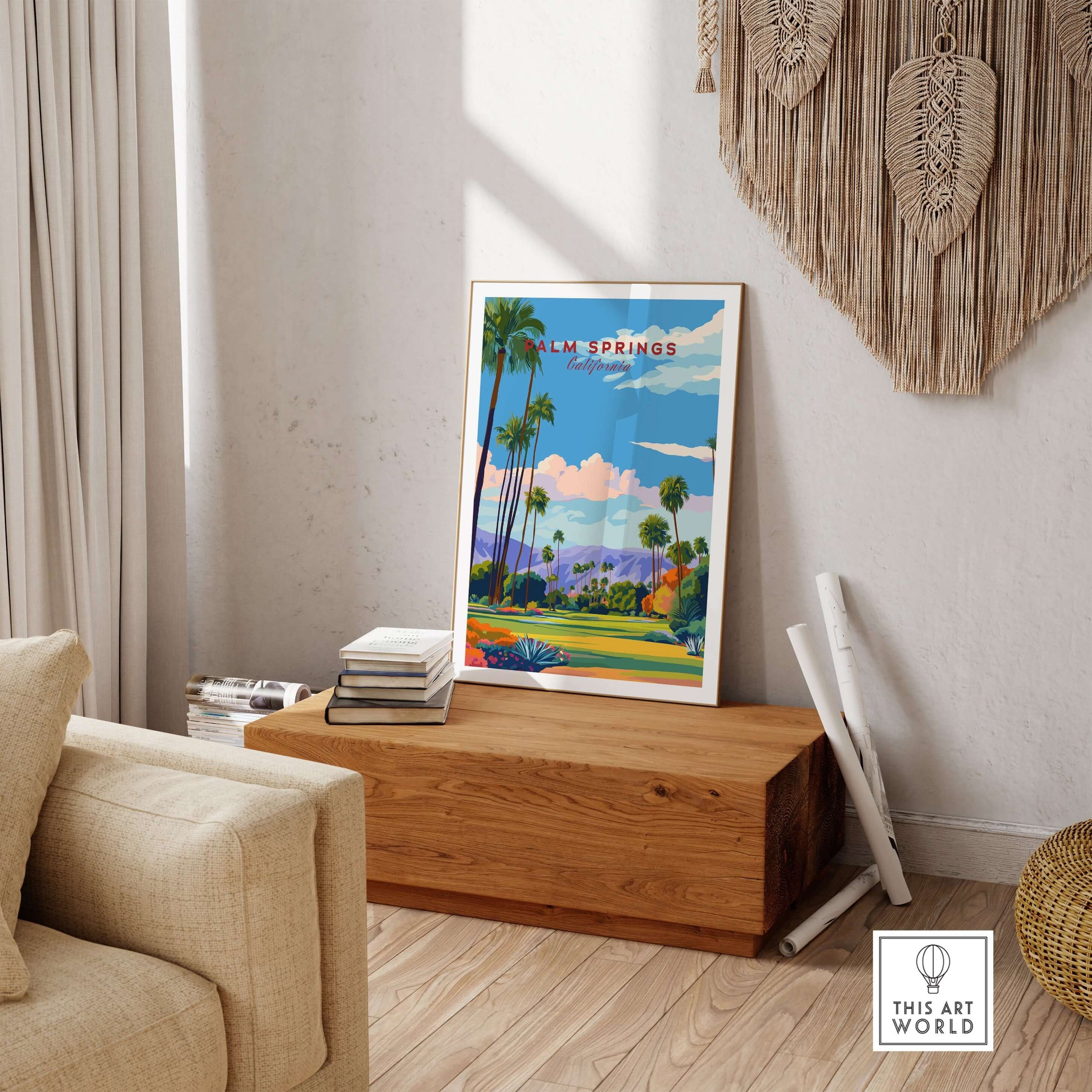 Palm Springs Golf Course Poster - California Desert Mountain View Print displayed in a chic living room setting on wooden decor.