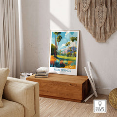 Palm Springs Vibrant Garden Poster - California Golf Vacation Travel displayed in a stylish living room setting.