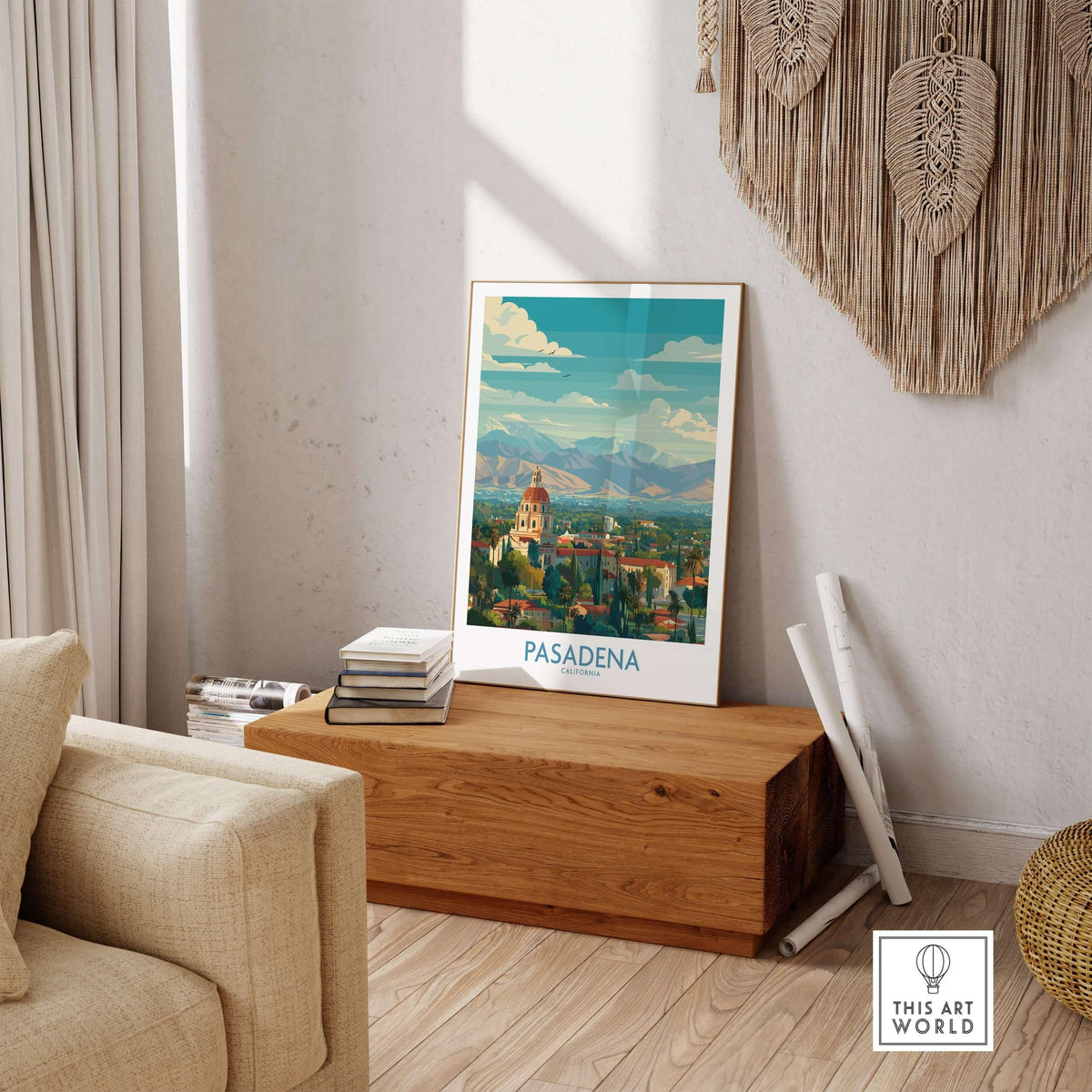Pasadena California Skyline Wall Art Print displayed in a stylish living room setting on a wooden table.