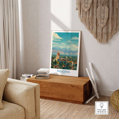 Pasadena California Skyline Wall Art Print displayed in a stylish living room setting on a wooden table.