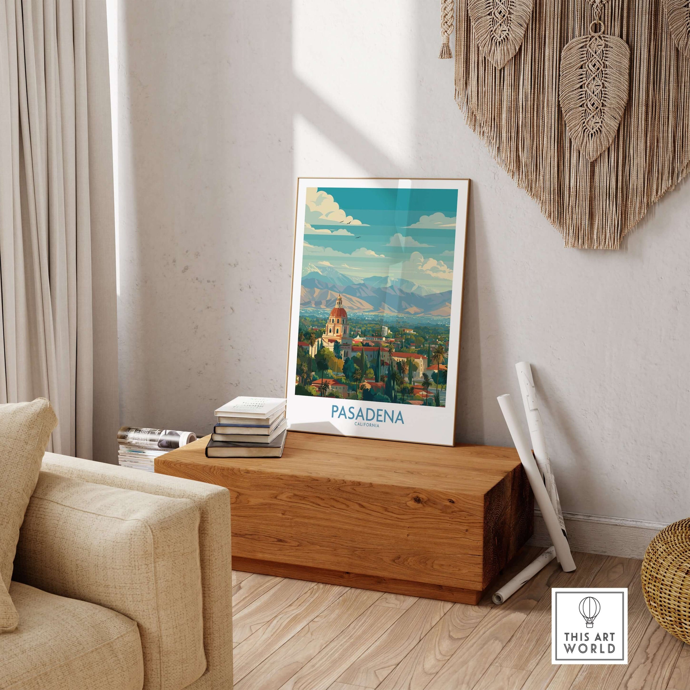 Pasadena California Skyline Wall Art Print displayed in a stylish living room setting on a wooden table.