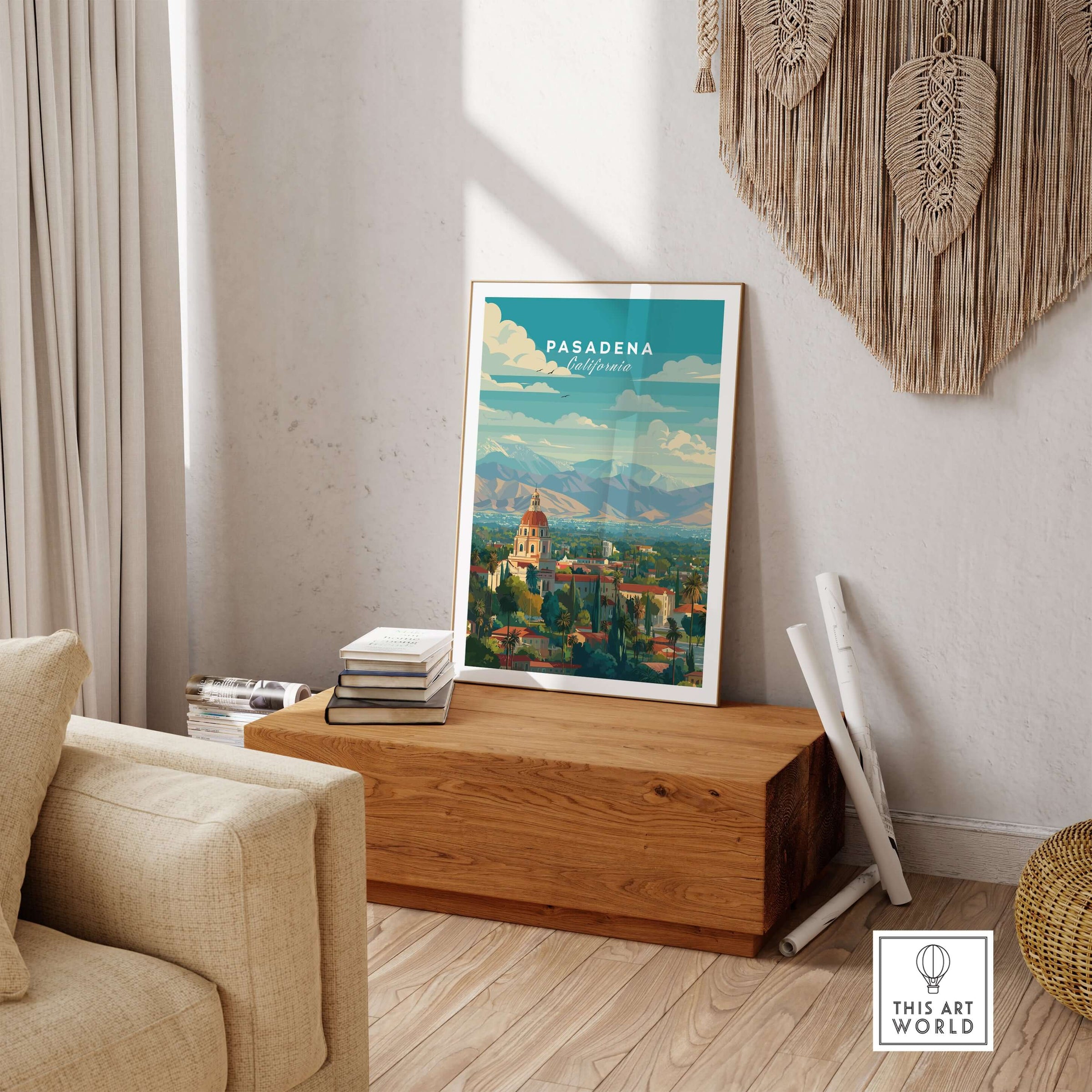 Pasadena California Print City Hall - San Gabriel Mountain Poster displayed in a cozy living room setting.