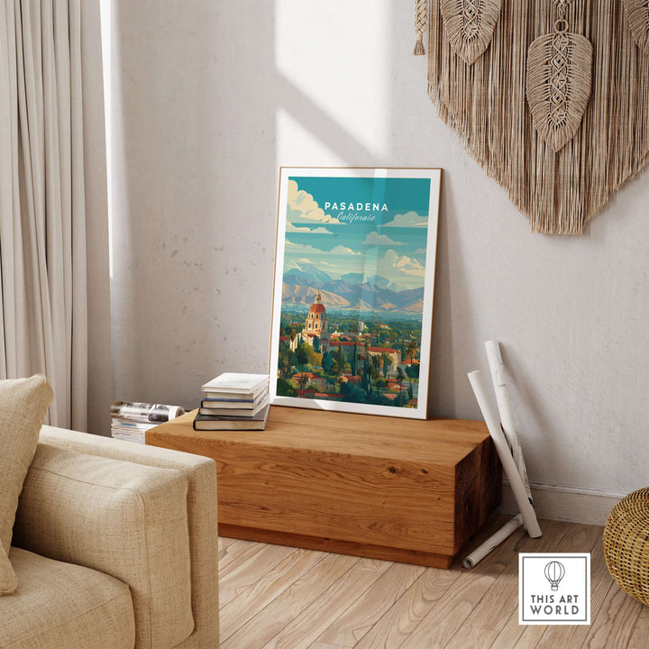 Pasadena California print showcasing City Hall with San Gabriel Mountains in the background, perfect for home decor.