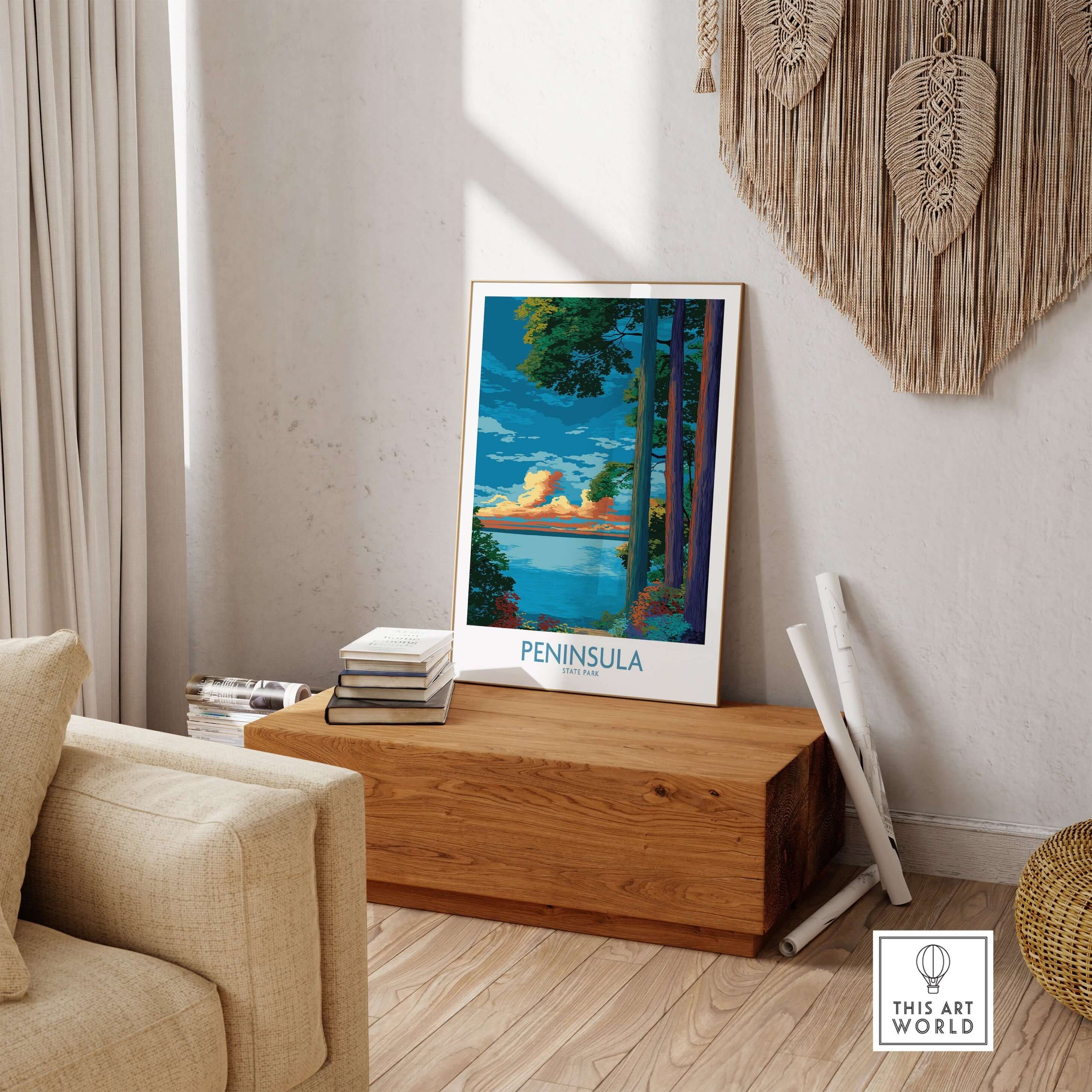 Peninsula State Park Wisconsin Vibrant Trees Landscape Print - Wisconsin Nature Decor showcased in a cozy interior setting.
