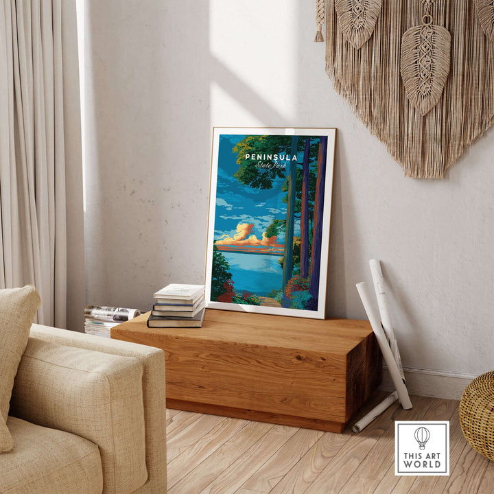 Peninsula State Park forest path sunset poster in a stylish living room setting, highlighting Lake Michigan's serene landscape.