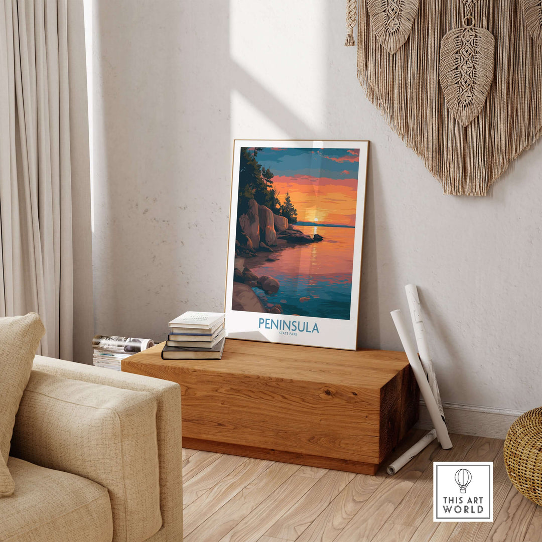 Peninsula State Park golden hour lake view poster displayed in a cozy room with natural decor.