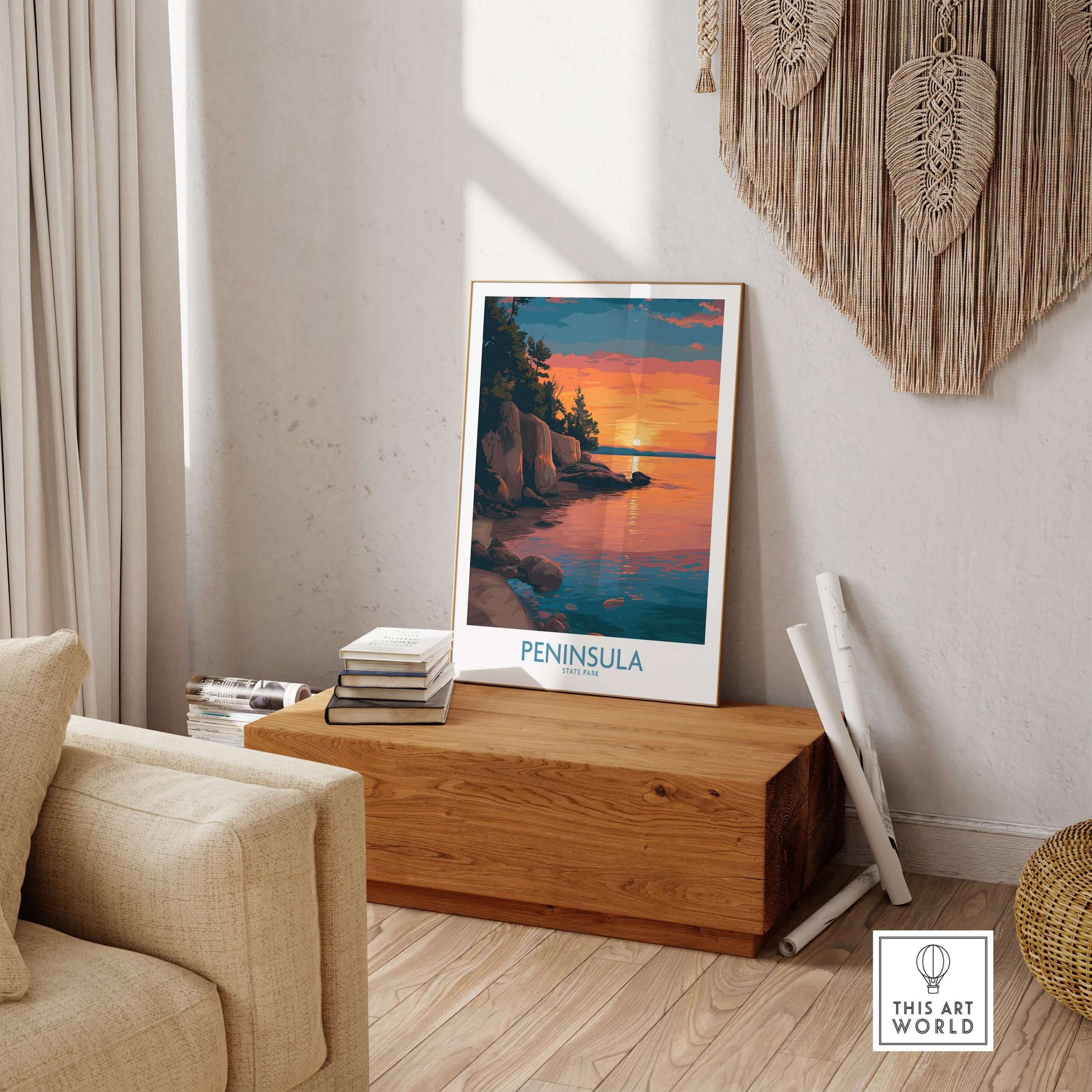 Peninsula State Park Golden Hour Lake View Poster - Wisconsin Travel Decor displayed in a cozy room.