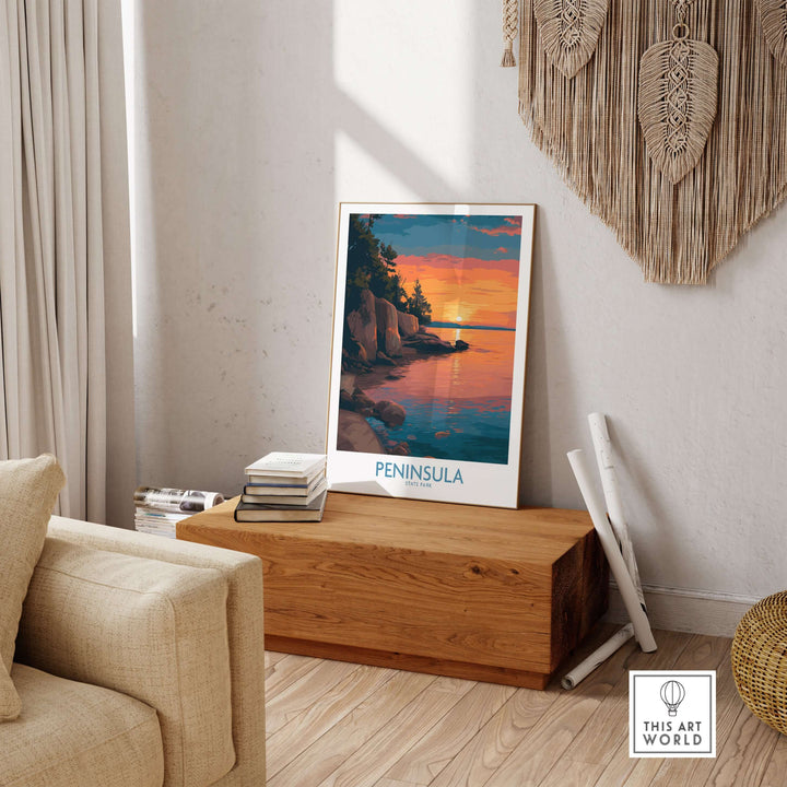 Peninsula State Park golden hour lake view poster displayed in a cozy room with natural decor.