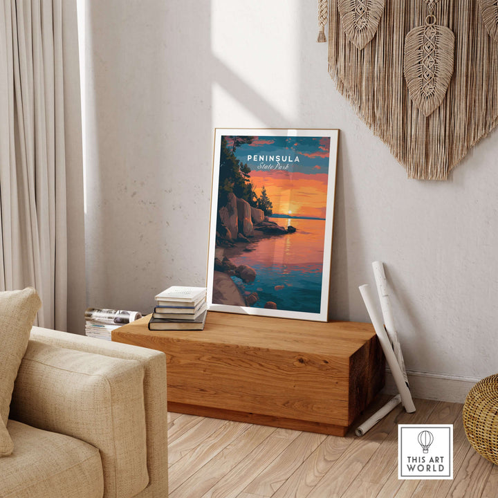 Peninsula State Park sunset print, showcasing Wisconsin's rocky shoreline in a cozy living room setting.