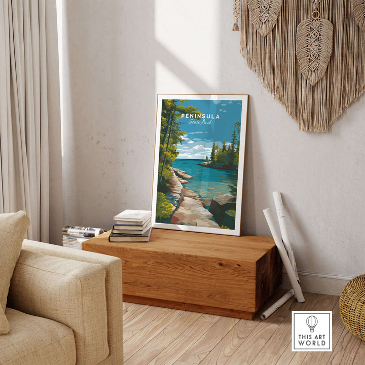 Peninsula State Park Wisconsin print showcasing rocky coastline in a cozy interior setting.