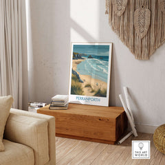 Perranporth Cornwall Ocean Waves Seascape Poster - UK Travel Destination displayed in a stylish living room on a wooden chest.