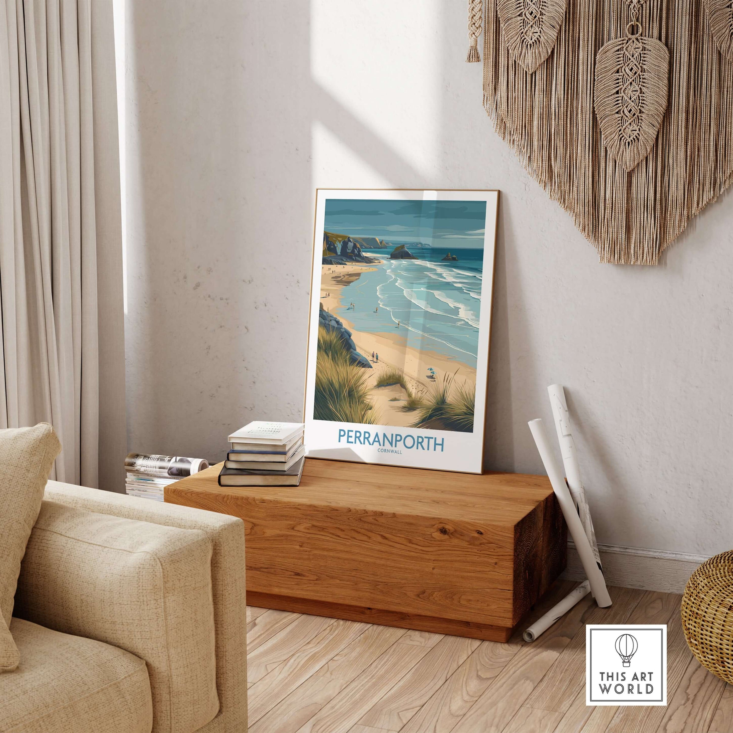Perranporth Cornwall Ocean Waves Seascape Poster - UK Travel Destination displayed in a stylish living room on a wooden chest.