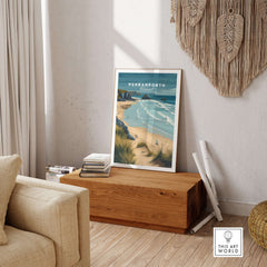 Perranporth Cornwall Sandy Beach Dunes Print - Cornish Coastal Wall Art displayed in a stylish living room setting.