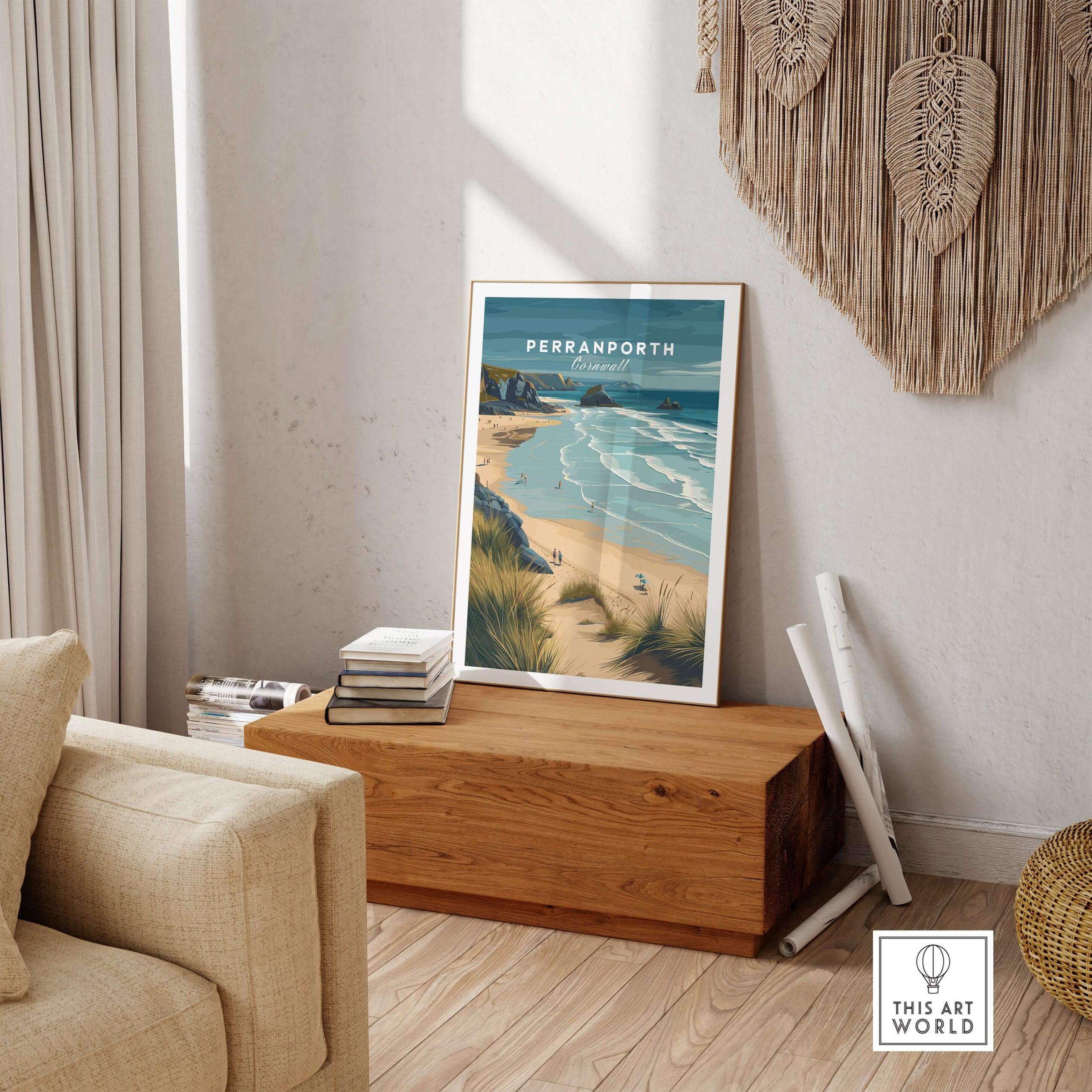 Perranporth Cornwall Sandy Beach Dunes Print - Cornish Coastal Wall Art displayed in a stylish living room setting.
