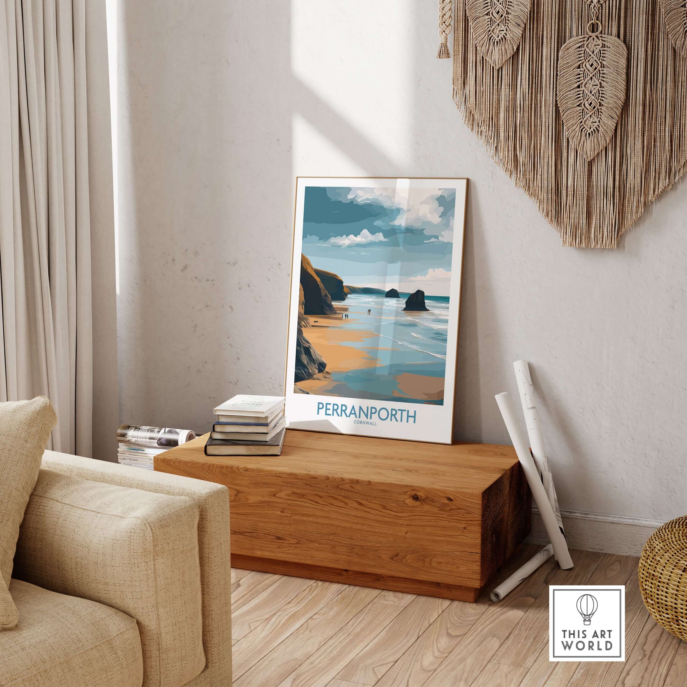 Perranporth Cornwall Ocean Walk Wall Art - UK Seaside Decor in a stylish living room setting.