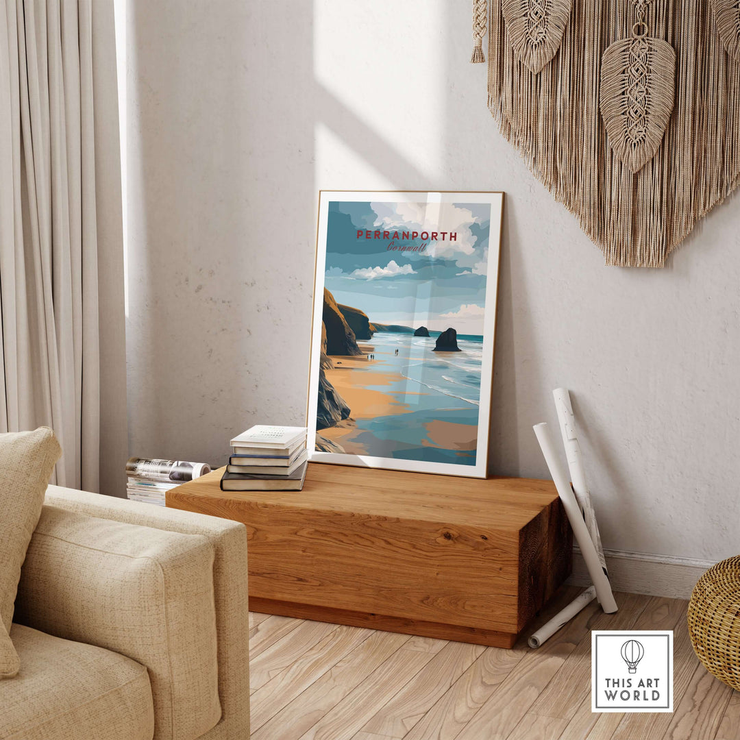 Perranporth Low Tide Beach Poster displayed in a cozy living room, highlighting the serene Cornish coast.