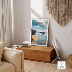 Perranporth Low Tide Beach Poster - Cornish Coast Print displayed in a stylish living room setting.