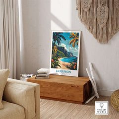 Réunion Island Travel Poster featuring a vibrant coastal scene and lush tropical plants, enhancing any travel-inspired decor.