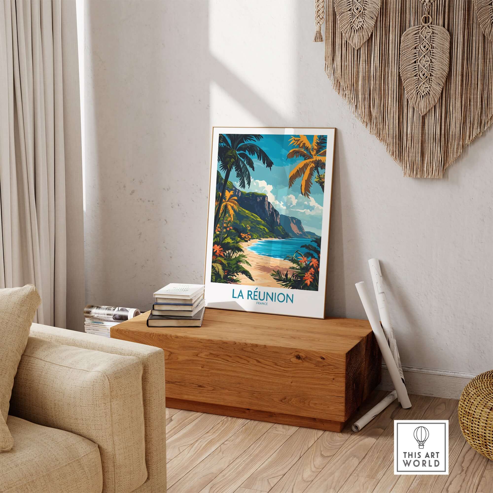 Réunion Island Travel Poster featuring a vibrant coastal scene and lush tropical plants, enhancing any travel-inspired decor.