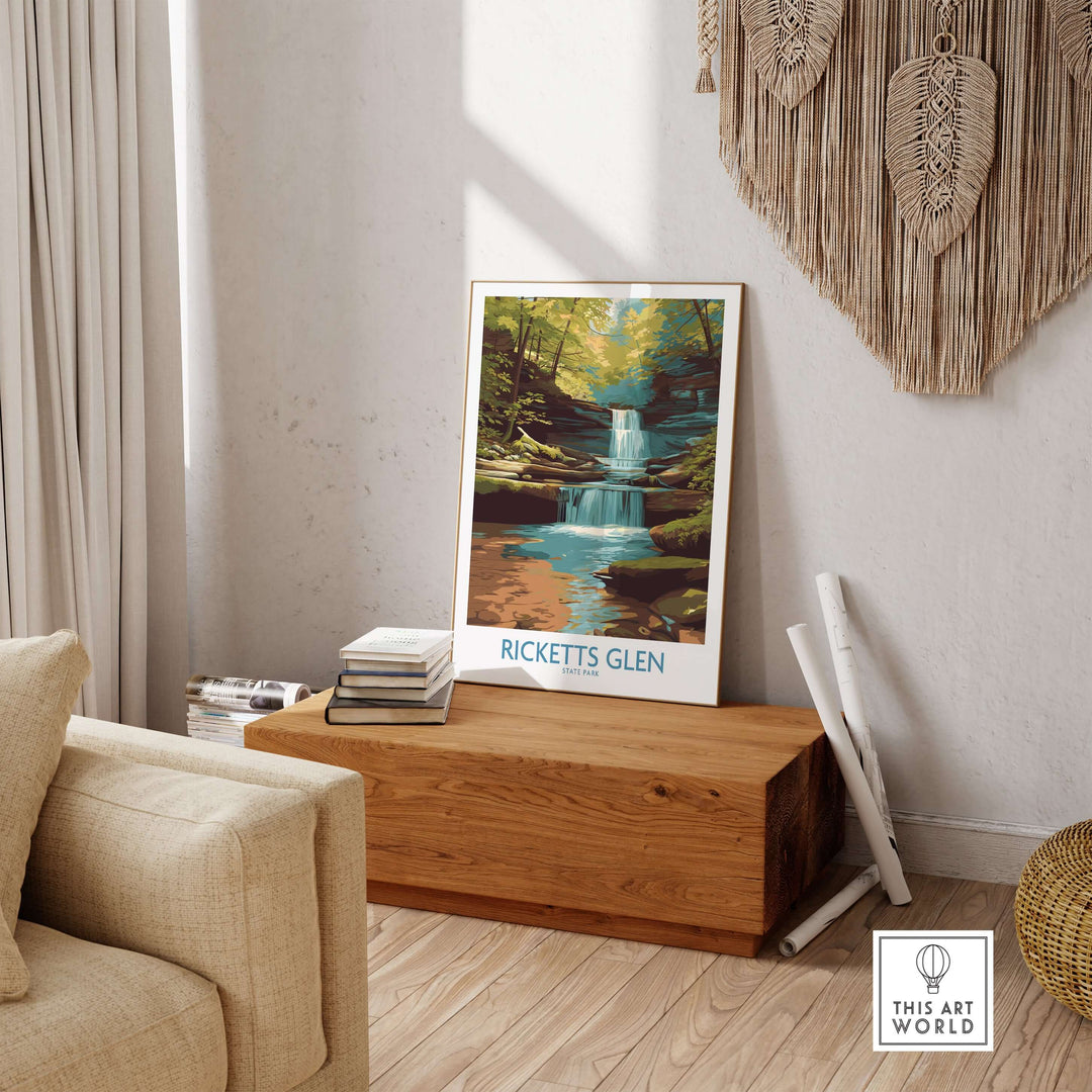 Ricketts Glen poster featuring a forest waterfall in a cozy living room setting, highlighting Pennsylvania nature decor.