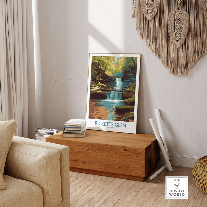 Ricketts Glen poster featuring a forest waterfall in a cozy living room setting, highlighting Pennsylvania nature decor.