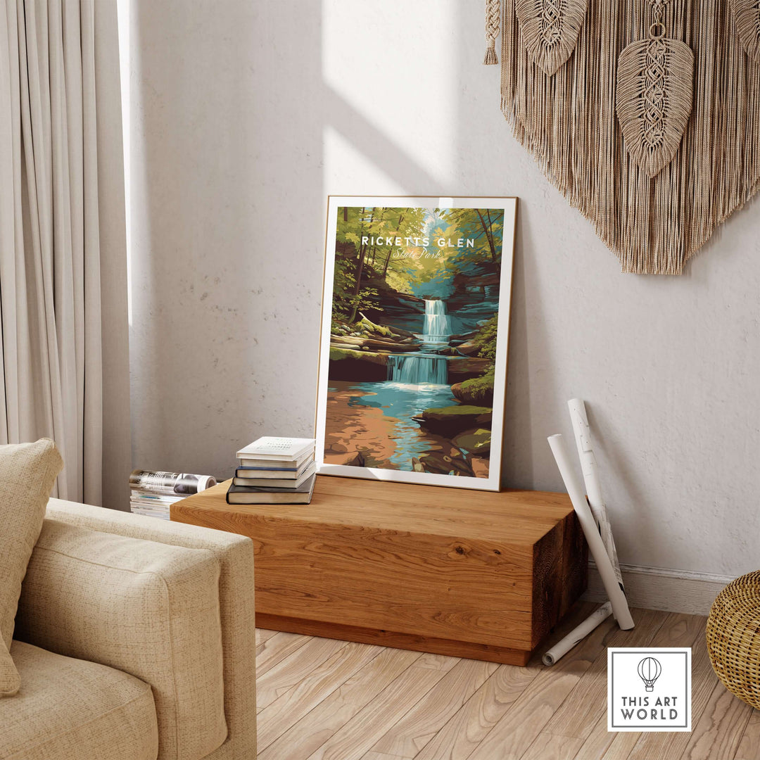 Scenic waterfall landscape print of Ricketts Glen State Park displayed on a wooden table in a cozy living room.