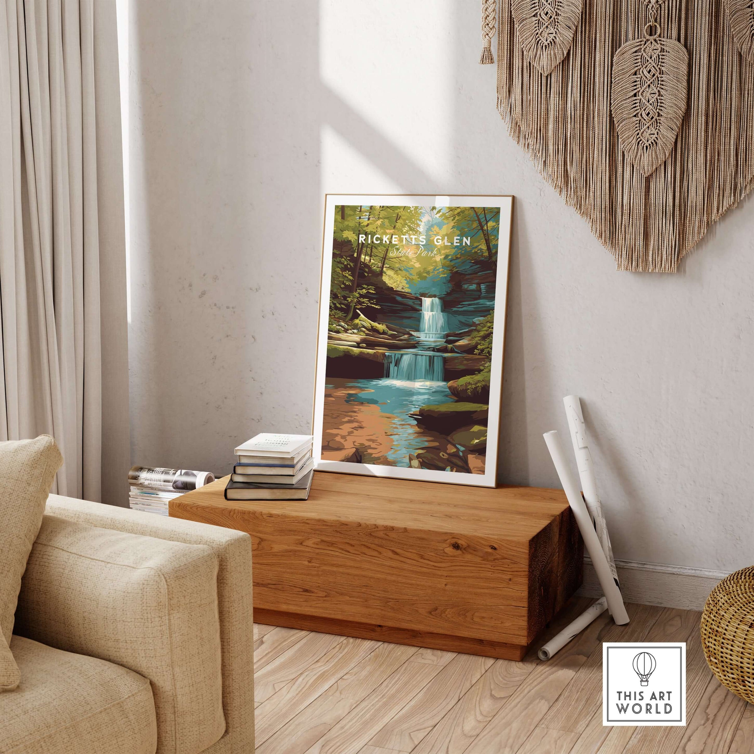 Ricketts Glen State Park Pennsylvania Waterfall Landscape Print - Scenic State Park Wall Art displayed in a living room.