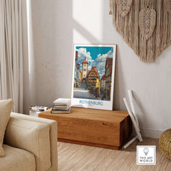 Rothenburg Wall Art Print Germany displayed in a cozy living room setting, showcasing charming medieval architecture.