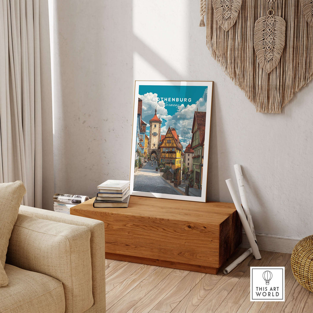 Rothenburg travel poster showcasing medieval architecture and picturesque streets in a cozy living room setting.