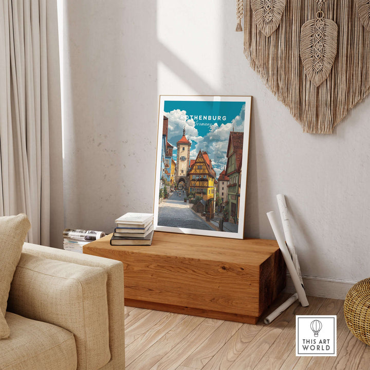 Rothenburg travel poster showcasing medieval architecture and picturesque streets in a cozy living room setting.