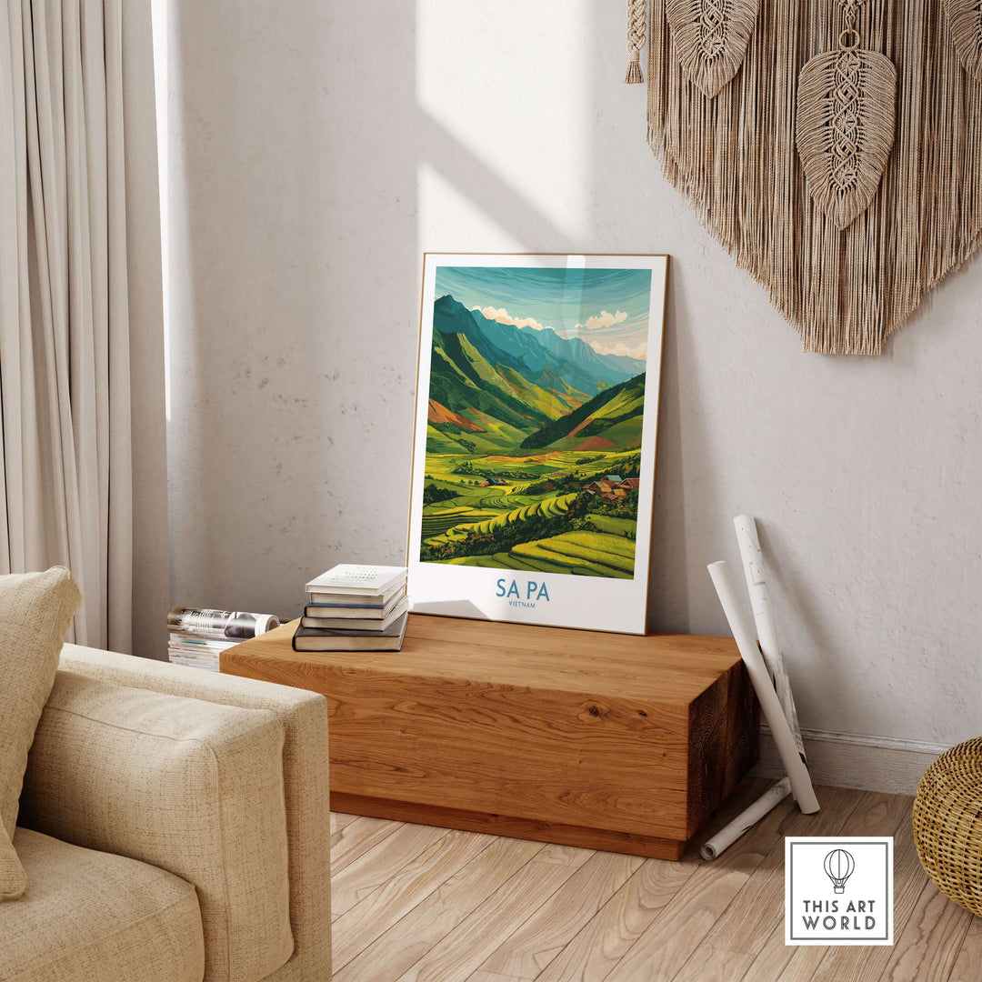 Sa Pa Vietnam print featuring lush rice terraces, displayed in a cozy living room setting.