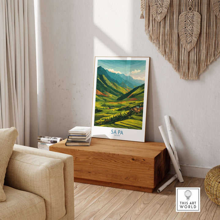 Sa Pa Vietnam print featuring lush rice terraces, displayed in a cozy living room setting.