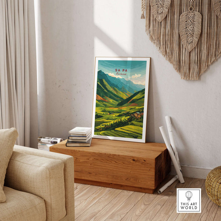 Sa Pa Vietnam poster showcasing vibrant green rice terraces and mountains in a cozy interior setting.