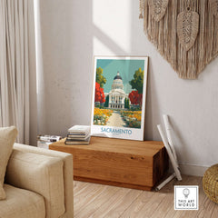 Sacramento California Capitol Poster - Historic Cityscape Print displayed in a stylish living room setting.