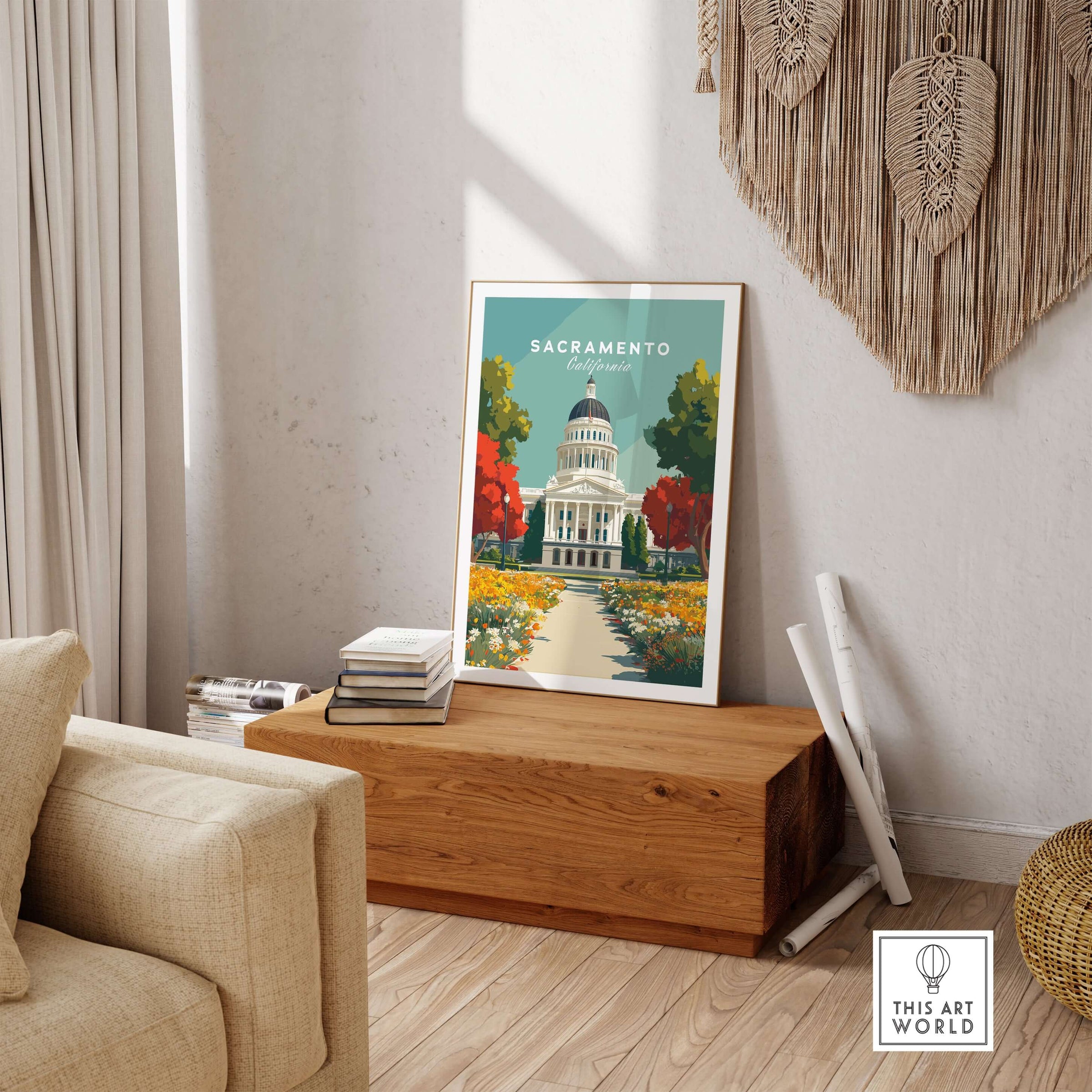 Sacramento California State Capitol Building Print - California Landmark Wall Art in a modern living room decor.