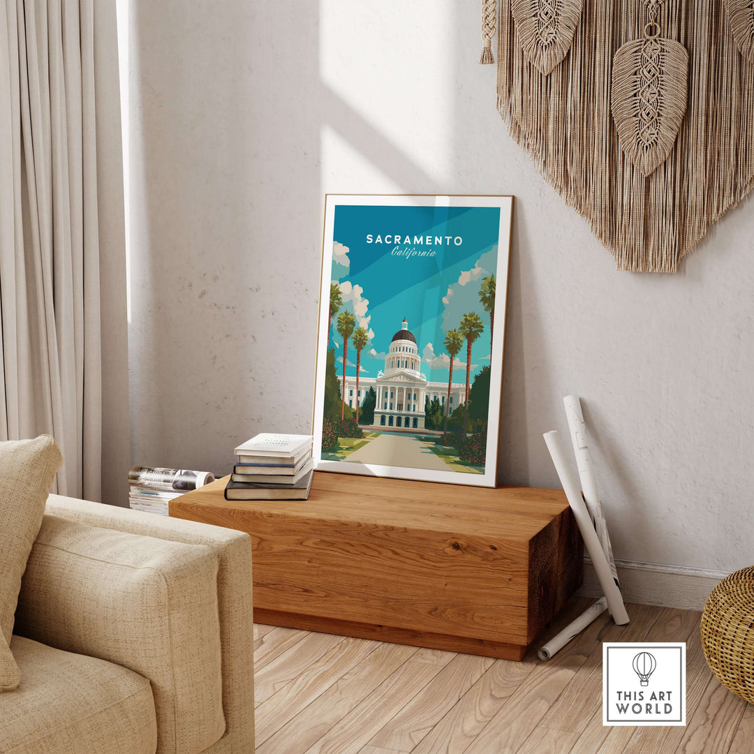 Sacramento Capitol Building poster art displayed in a stylish living room, enhancing decor with California elegance.