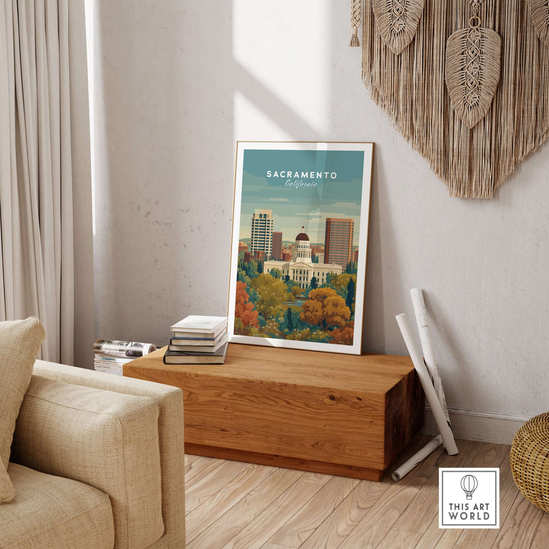 Sacramento California skyline print featuring Capitol Building, vibrant urban landscape wall art in stylish living space.