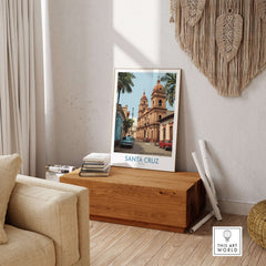 Santa Cruz Bolivia Art Print | Historic City Poster displayed in a cozy living room, showcasing historic architecture.